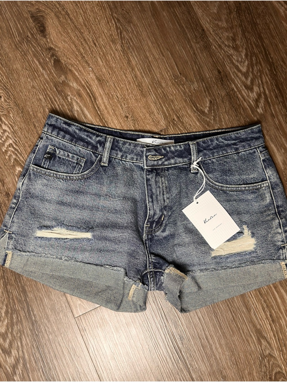 Kancan Women's Distressed Denim Shorts in Medium Blue / BNWT - Picture 1 of 3